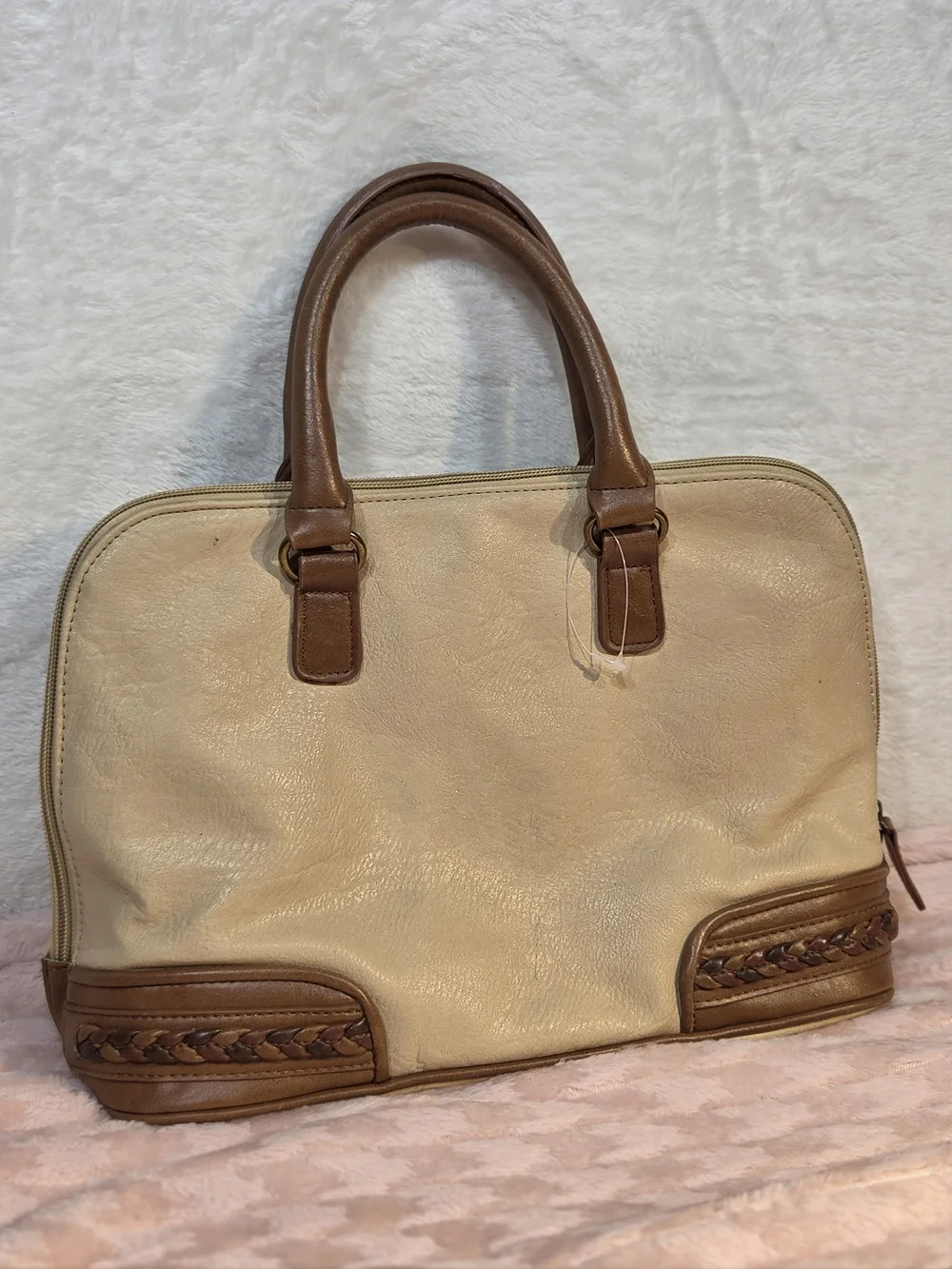 Bueno Classic Two-Tone Beige and Brown Satchel Handbag